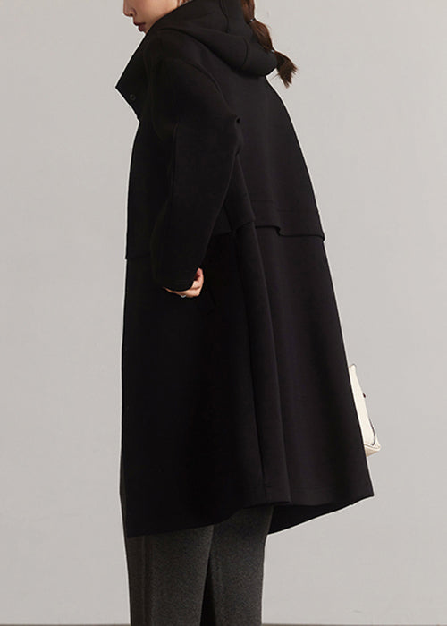 Drune | Schwarze Kapuzen-Patchwork-Falsche-Zwei-Teile Baumwollmäntel Lange Ärmel
