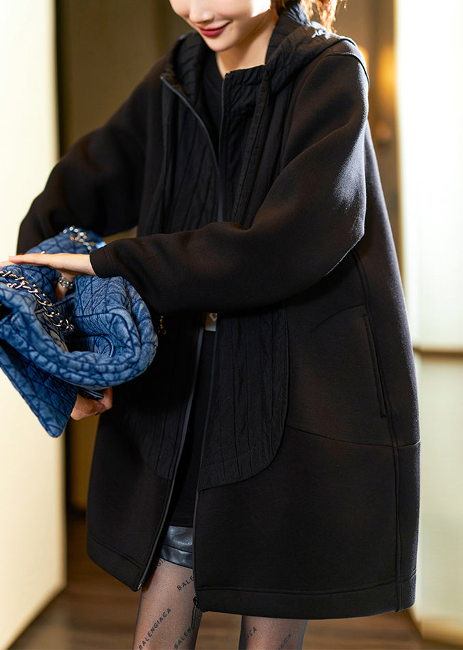 Drune | Schwarze Kapuzenjacke mit Reißverschluss Patchwork dicke Mäntel