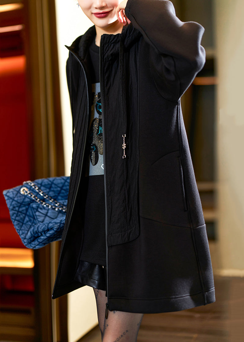 Drune | Schwarze Kapuzenjacke mit Reißverschluss Patchwork dicke Mäntel