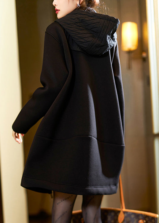 Drune | Schwarze Kapuzenjacke mit Reißverschluss Patchwork dicke Mäntel