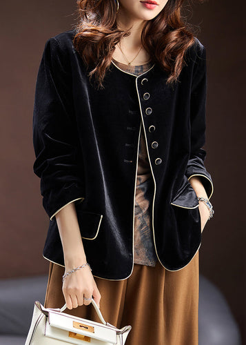 Drune | Schwarze O-Ausschnitt Knopf Patchwork Seidenvelours Mäntel