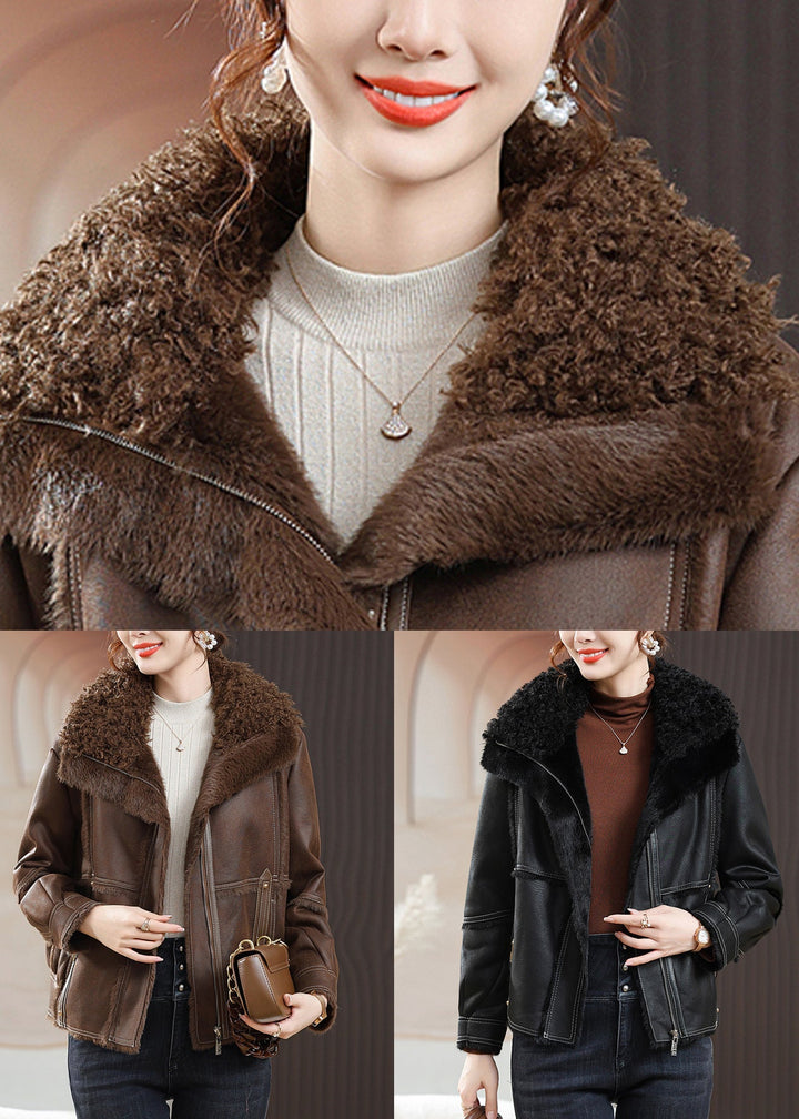 Drune | Schwarze Peter-Pan-Kragen Reißverschluss Fuzzy-Fellmäntel Winter