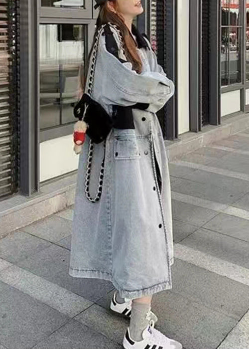 Drune | Blaue Peter Pan Kragen Knopf Patchwork Jeans Lange Mäntel