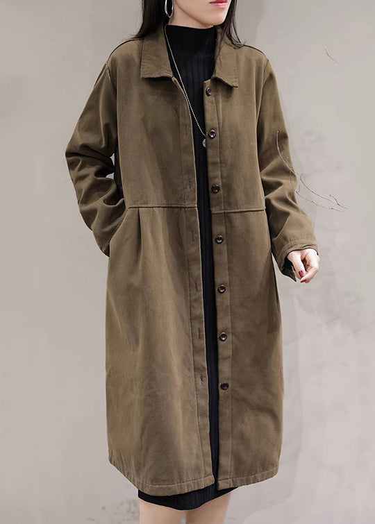 Drune | Brauner Peter-Pan-Kragen Knopf Warme Fleece Mäntel Lange Ärmel