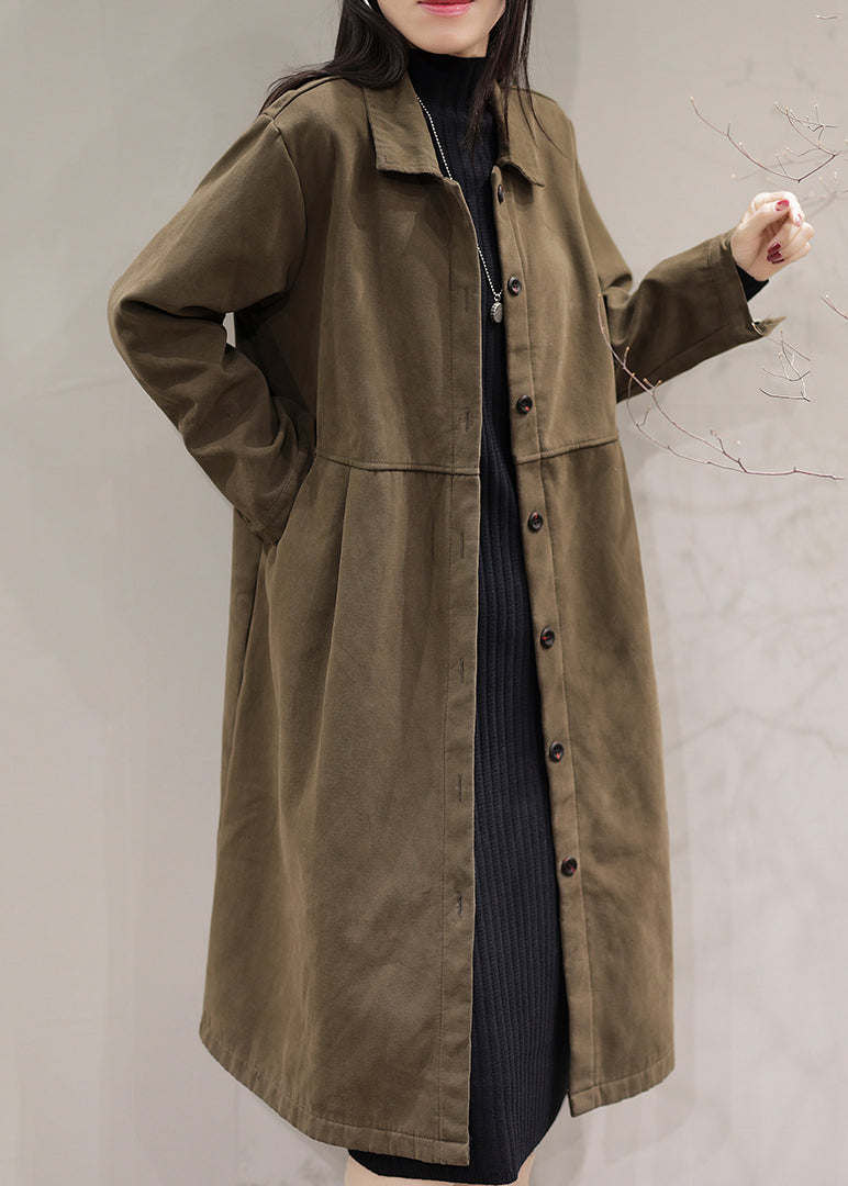 Drune | Brauner Peter-Pan-Kragen Knopf Warme Fleece Mäntel Lange Ärmel