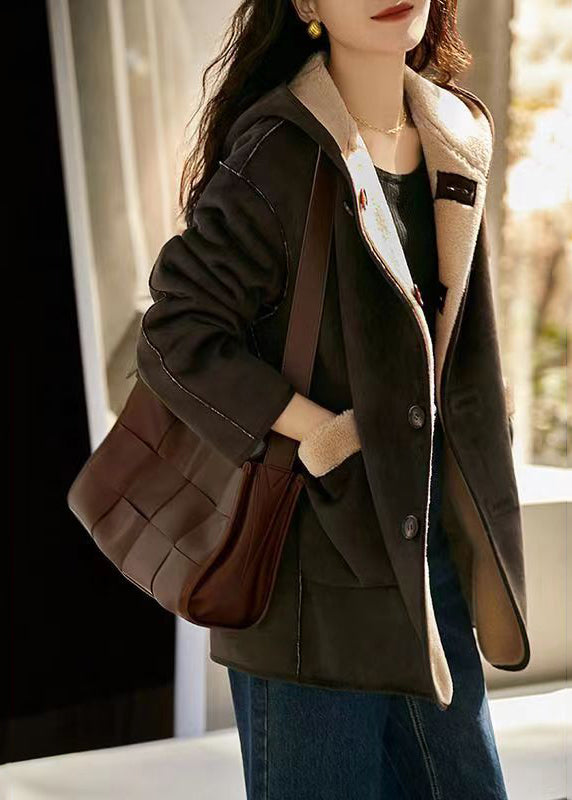 Drune | Camel Kapuzen Taschen Patchwork Wende Wollmäntel Winter