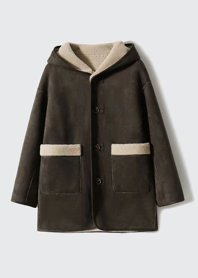 Drune | Camel Kapuzen Taschen Patchwork Wende Wollmäntel Winter