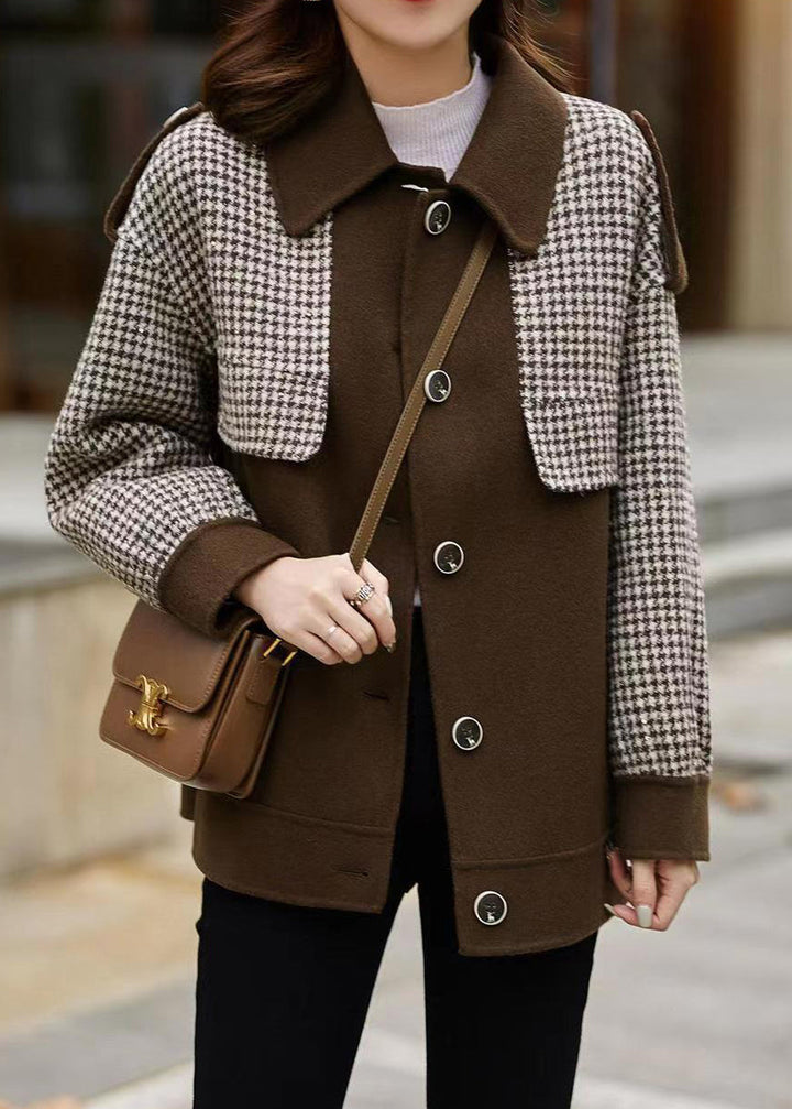 Drune | Kaffee Plaid Knopf Patchwork Baumwolle Mäntel