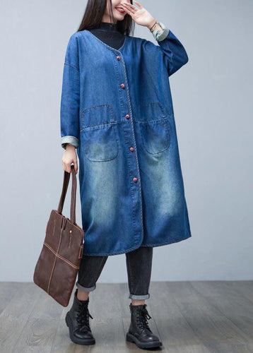 Drune | Denim Blau V-Ausschnitt Patchwork Taschen Baumwolle Trenchcoats