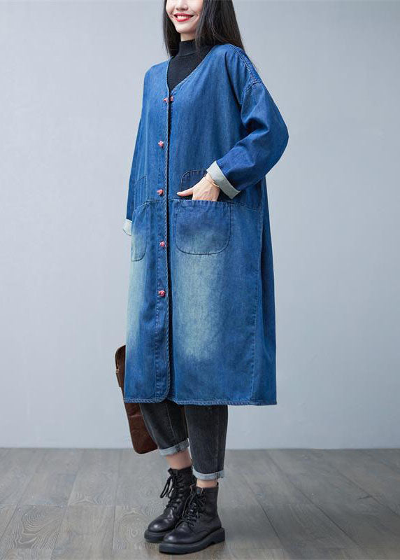 Drune | Denim Blau V-Ausschnitt Patchwork Taschen Baumwolle Trenchcoats