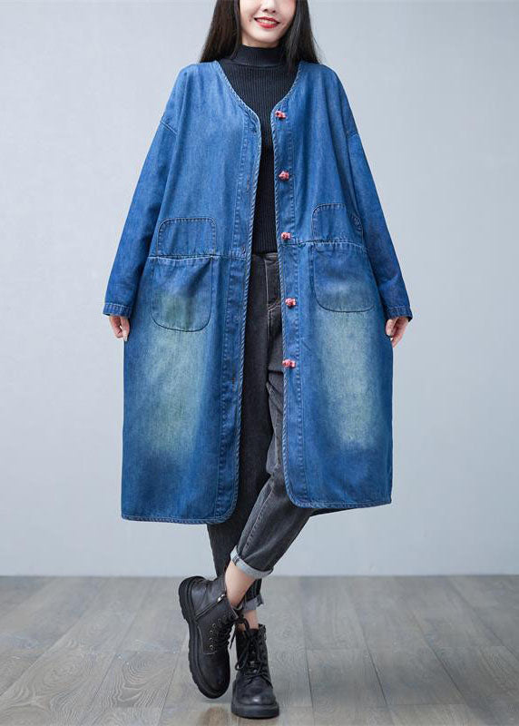 Drune | Denim Blau V-Ausschnitt Patchwork Taschen Baumwolle Trenchcoats