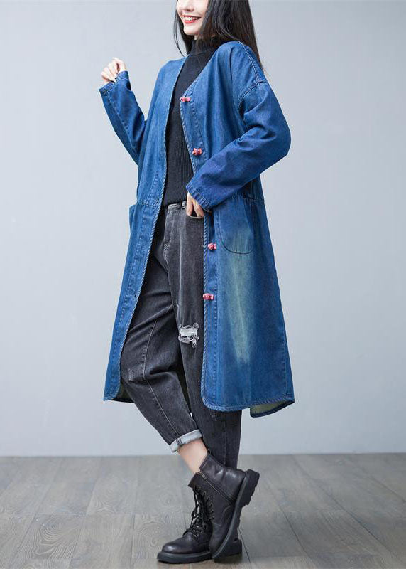 Drune | Denim Blau V-Ausschnitt Patchwork Taschen Baumwolle Trenchcoats