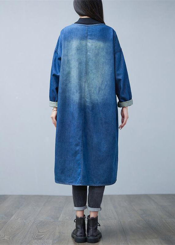 Drune | Denim Blau V-Ausschnitt Patchwork Taschen Baumwolle Trenchcoats