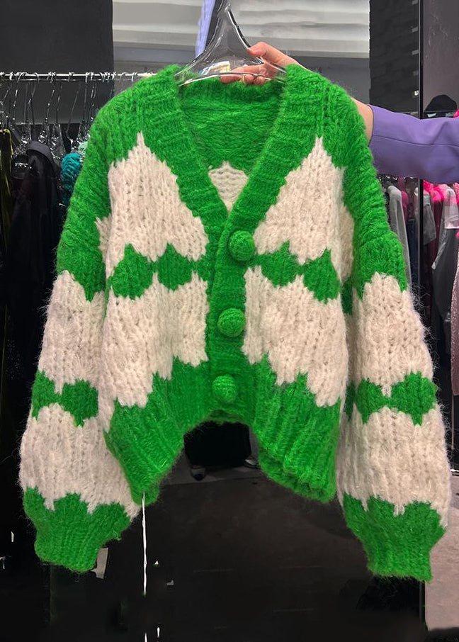 Drune | Grüner V-Ausschnitt Knopf Patchwork Baumwollstrickmäntel