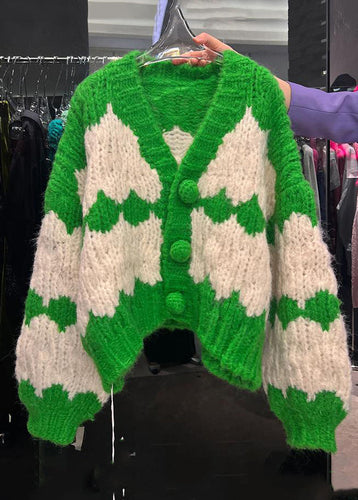 Drune | Grüner V-Ausschnitt Knopf Patchwork Baumwollstrickmäntel