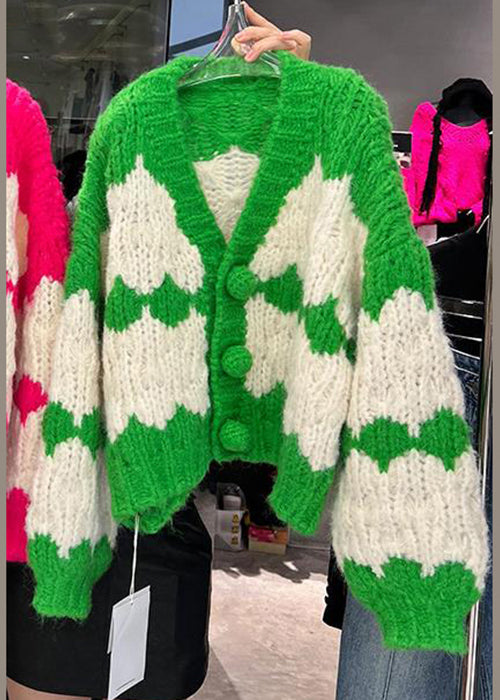 Drune | Grüner V-Ausschnitt Knopf Patchwork Baumwollstrickmäntel