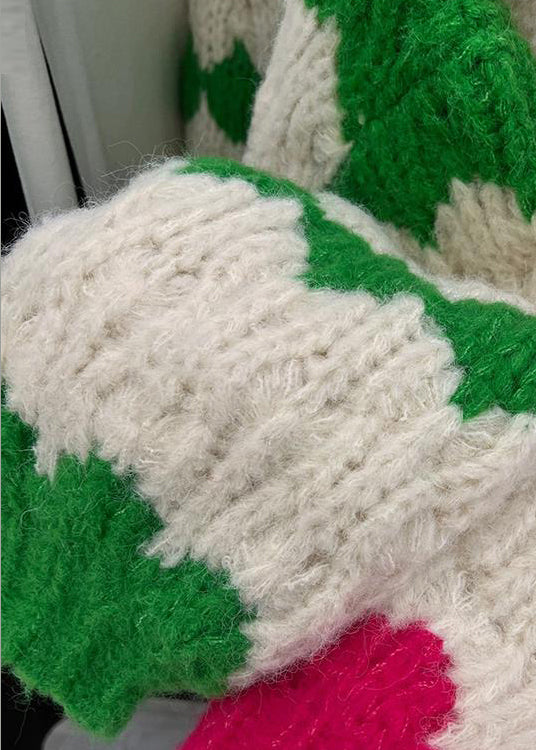 Drune | Grüner V-Ausschnitt Knopf Patchwork Baumwollstrickmäntel