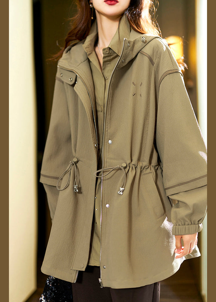 Drune | Khaki Kapuzenjacke mit Reißverschluss und Kordelzug aus Baumwolle