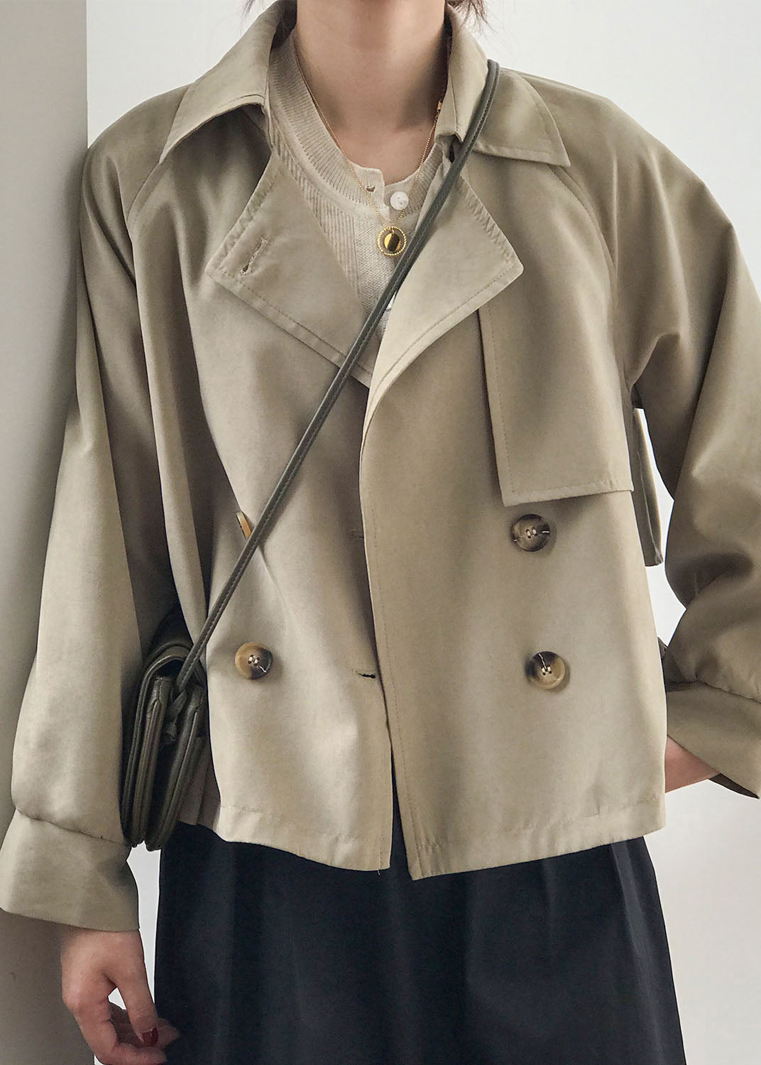 Drune | Khaki Peter Pan-Kragen Patchwork Knopf Trenchcoats Frühling