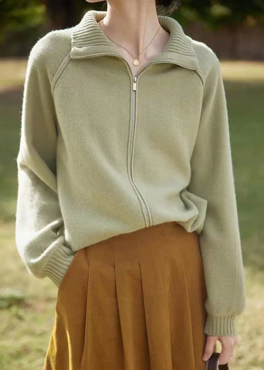 Drune | Hellgrüner Zip-Up Patchwork Strickmantel mit langen Ärmeln