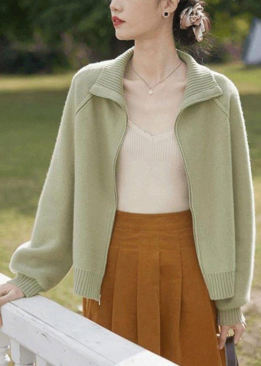 Drune | Hellgrüner Zip-Up Patchwork Strickmantel mit langen Ärmeln