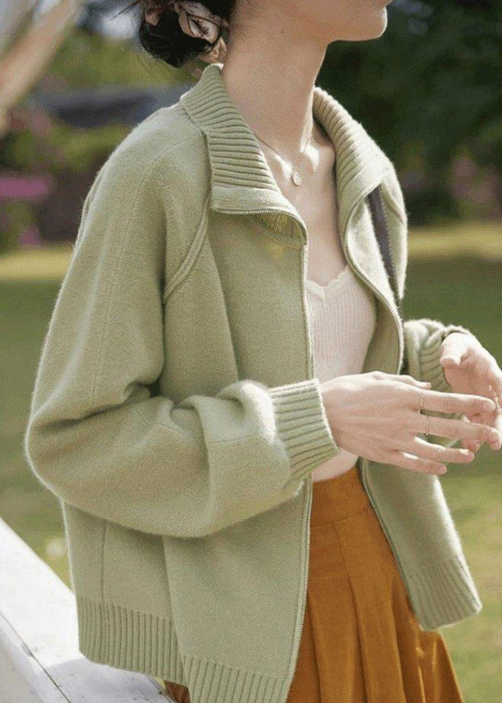 Drune | Hellgrüner Zip-Up Patchwork Strickmantel mit langen Ärmeln