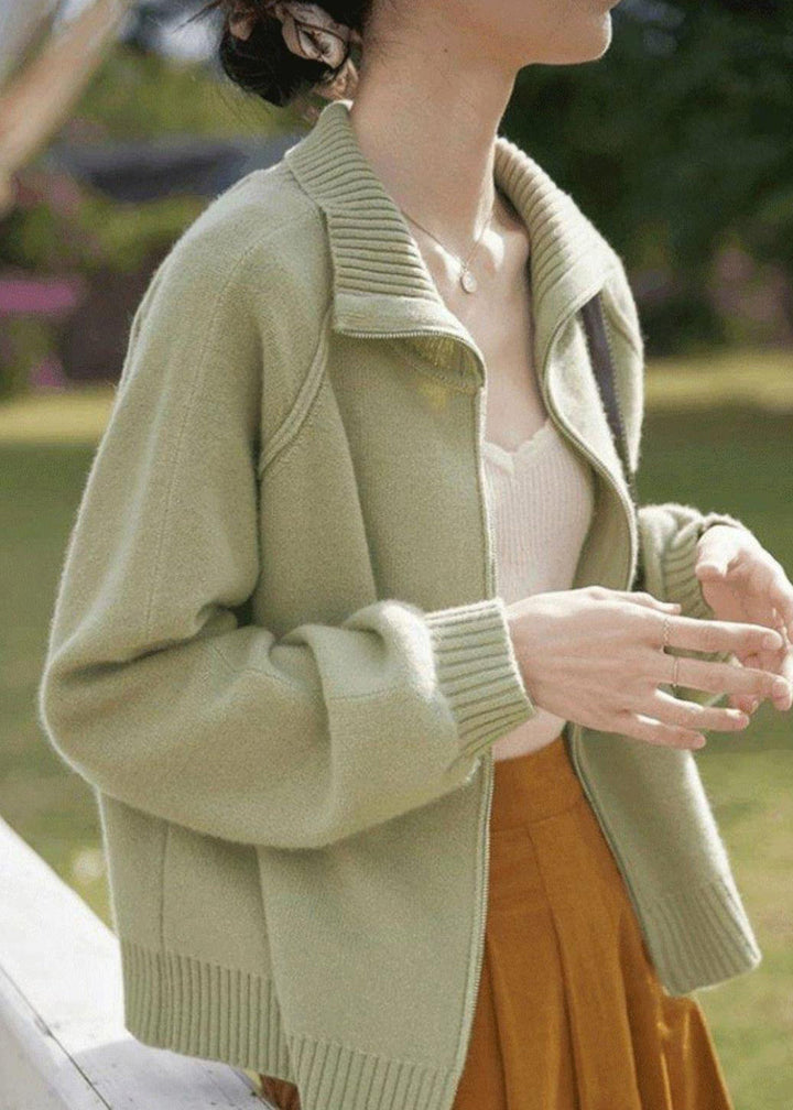 Drune | Hellgrüner Zip-Up Patchwork Strickmantel mit langen Ärmeln