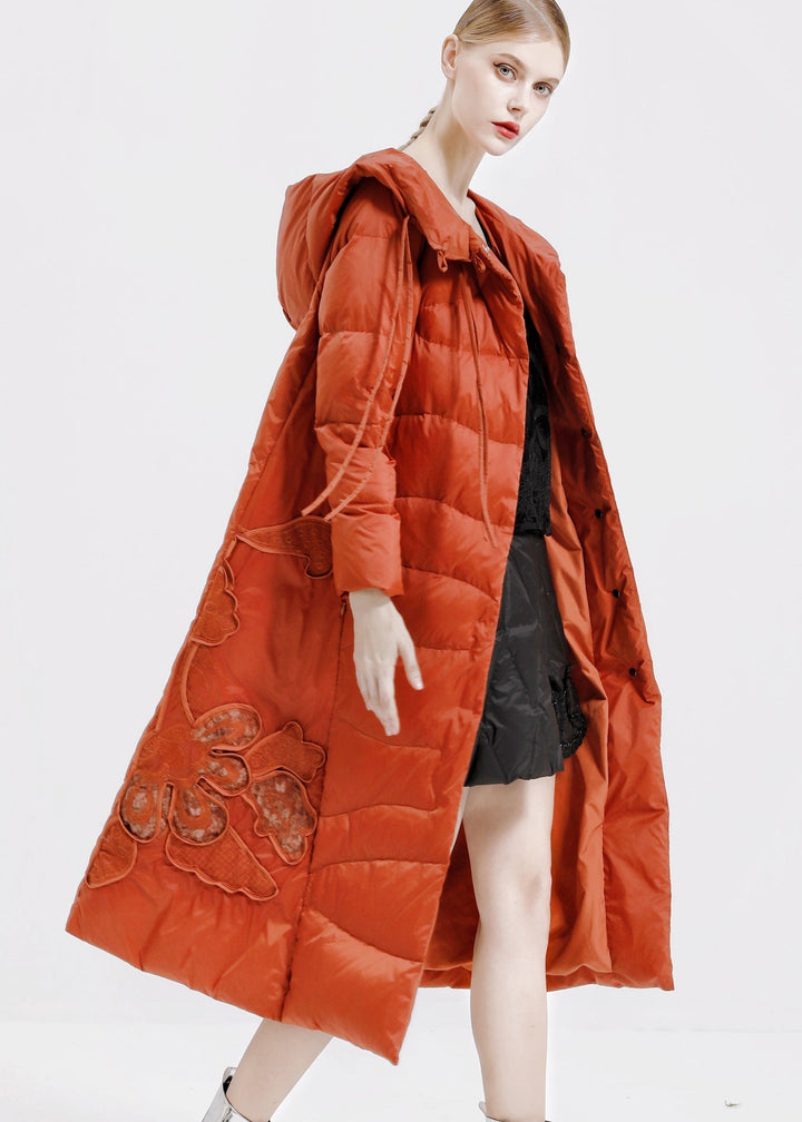 Drune | Orange Kapuzenknopf Patchwork Entenfedern Lange Mäntel Winter