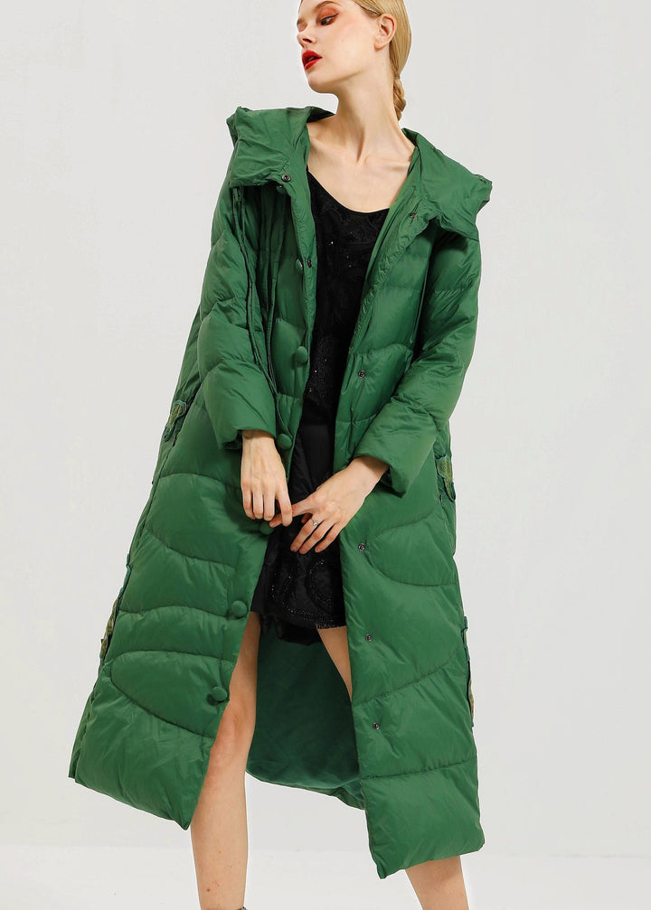Drune | Orange Kapuzenknopf Patchwork Entenfedern Lange Mäntel Winter