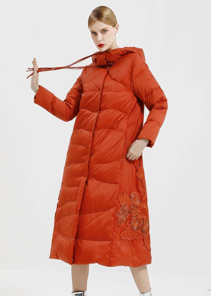 Drune | Orange Kapuzenknopf Patchwork Entenfedern Lange Mäntel Winter