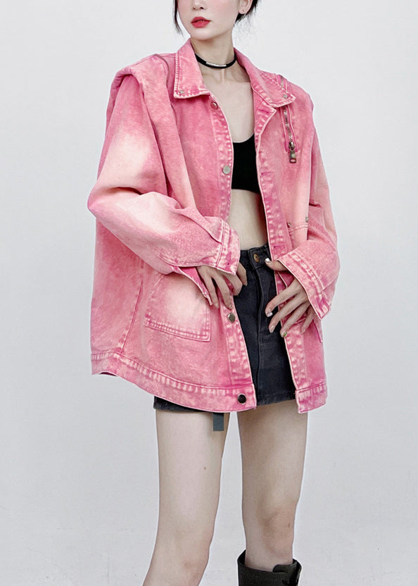 Drune | Pink Button Taschen Patchwork Unisex Stil Denim Mäntel