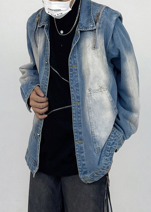 Drune | Pink Button Taschen Patchwork Unisex Stil Denim Mäntel