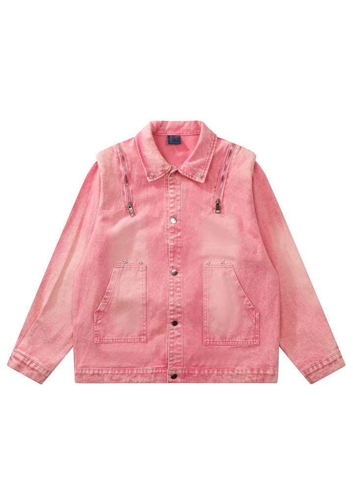 Drune | Pink Button Taschen Patchwork Unisex Stil Denim Mäntel