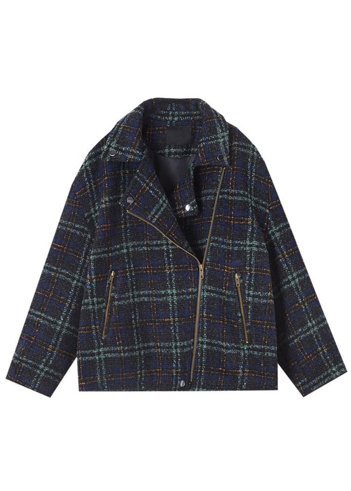 Drune | Karierter Reißverschluss Taschen Patchwork Baumwolle Mäntel Langarm