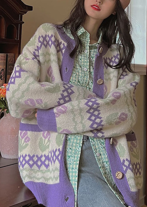 Drune | Lila Knopf Taschen Patchwork Strickmäntel