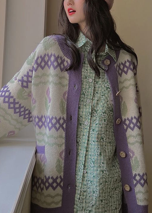 Drune | Lila Knopf Taschen Patchwork Strickmäntel
