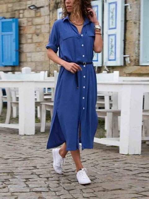Drune – Elegantes Button-Down-Hemdkleid für Damen | Langärmliges Hemdblusenkleid im Bohemian-Stil mit Gürtel