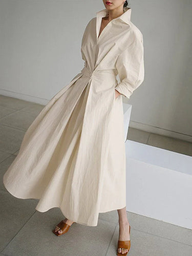 Drune | Elegantes Damen Maxi Kleid mit Kragen und Schmeichelhaften Falten
