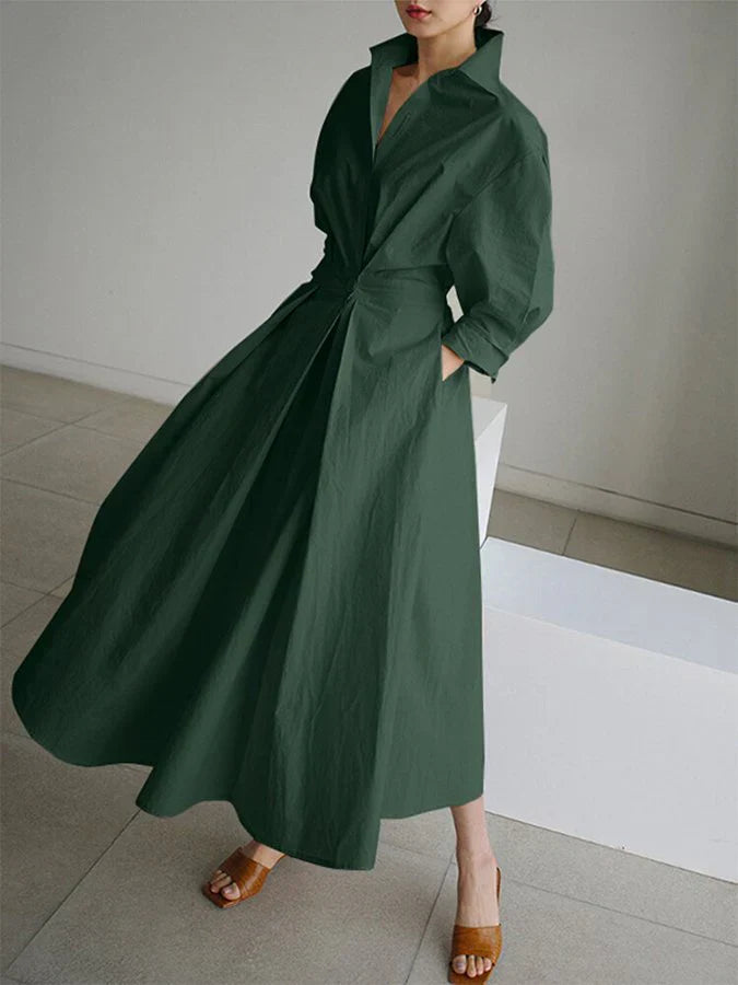 Drune | Elegantes Damen Maxi Kleid mit Kragen und Schmeichelhaften Falten
