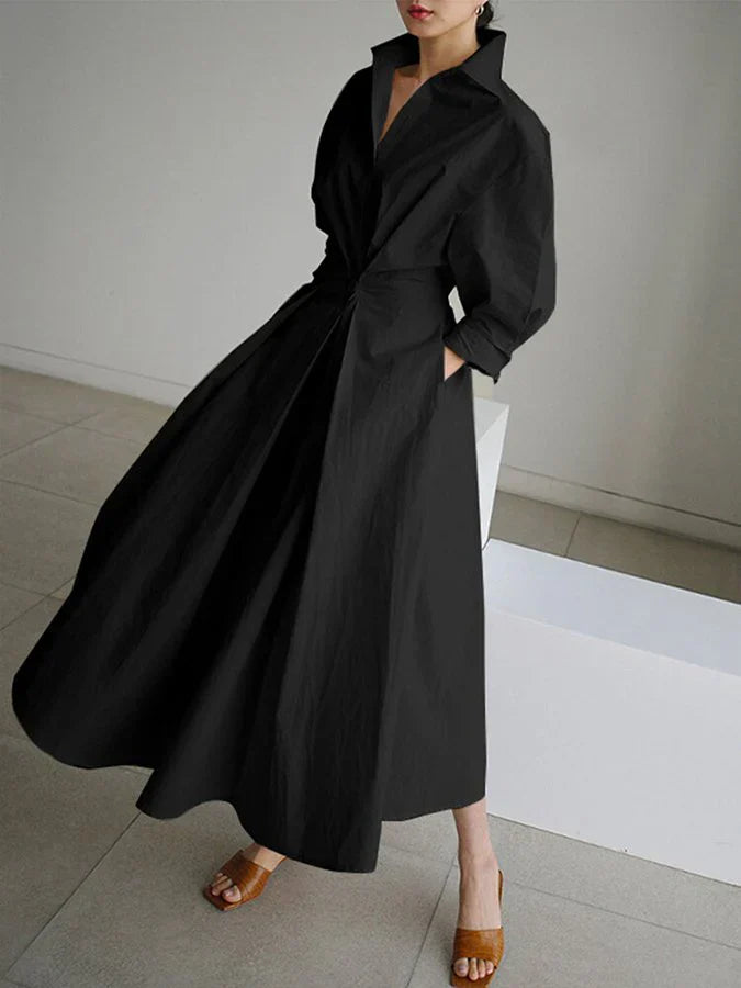 Drune | Elegantes Damen Maxi Kleid mit Kragen und Schmeichelhaften Falten