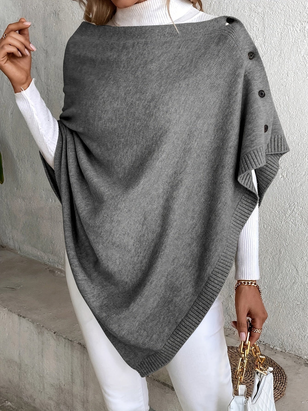 Drune | Poncho Weiches Strickmaterial Lockere Passform Knopföffnung Gerippte Kanten
