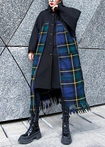Drune | Locker sitzende Jacken & Mäntel Patchwork-Mantel blauer Karomuster Quasten wollene Outwear