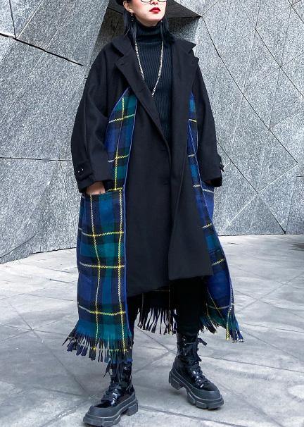 Drune | Locker sitzende Jacken & Mäntel Patchwork-Mantel blauer Karomuster Quasten wollene Outwear