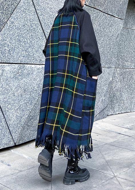 Drune | Locker sitzende Jacken & Mäntel Patchwork-Mantel blauer Karomuster Quasten wollene Outwear