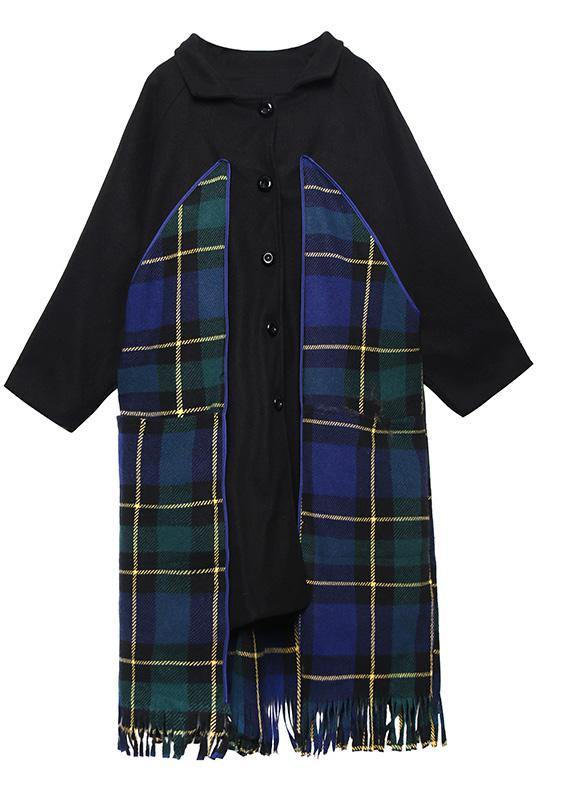 Drune | Locker sitzende Jacken & Mäntel Patchwork-Mantel blauer Karomuster Quasten wollene Outwear