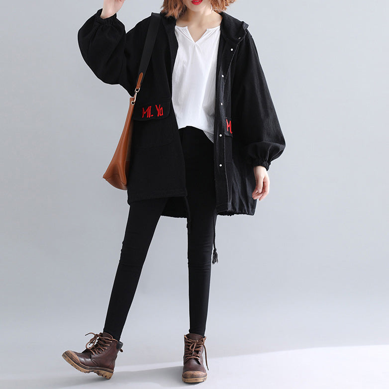 Drune | schwarze Parkas für Frauen lässiger Kapuzenwärmer Wintermantel Elegante bestickte Wintermäntel