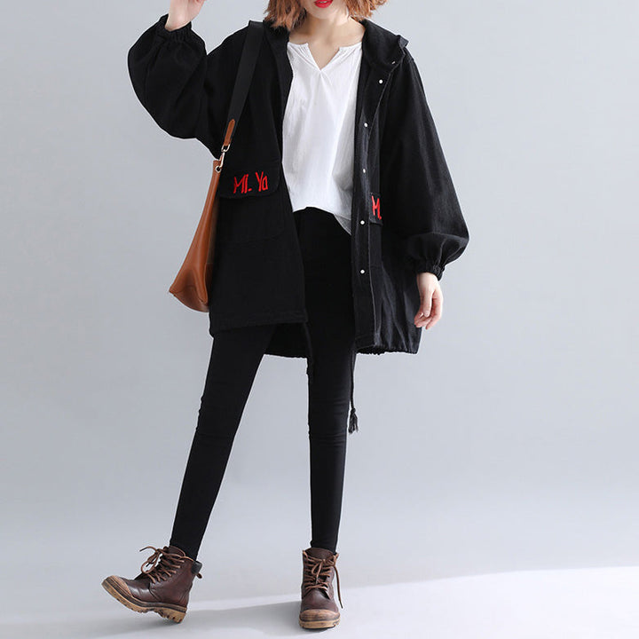 Drune | schwarze Parkas für Frauen lässiger Kapuzenwärmer Wintermantel Elegante bestickte Wintermäntel