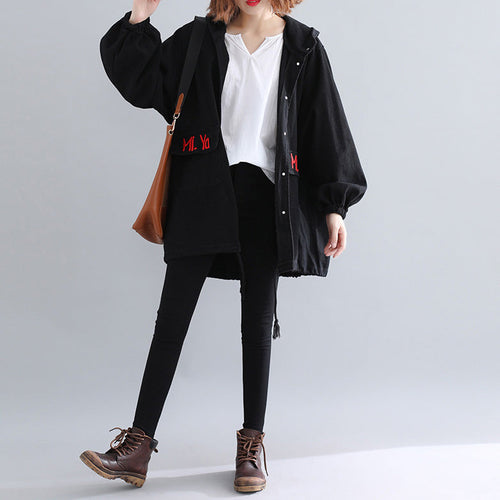 Drune | schwarze Parkas für Frauen lässiger Kapuzenwärmer Wintermantel Elegante bestickte Wintermäntel