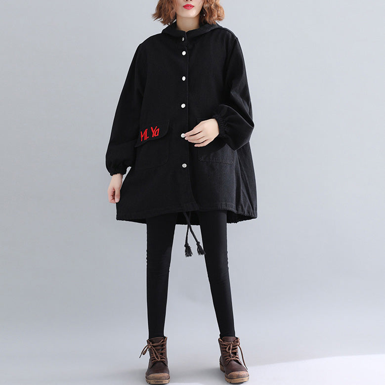 Drune | schwarze Parkas für Frauen lässiger Kapuzenwärmer Wintermantel Elegante bestickte Wintermäntel