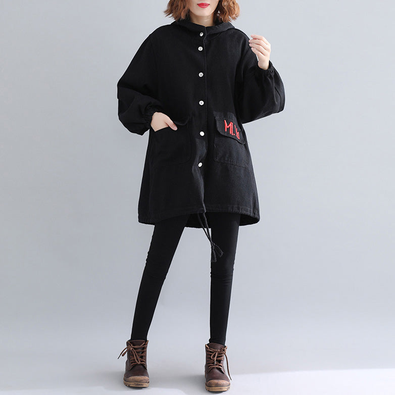 Drune | schwarze Parkas für Frauen lässiger Kapuzenwärmer Wintermantel Elegante bestickte Wintermäntel